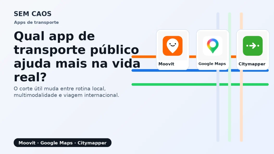 Card do Sem Caos comparando Moovit, Google Maps e Citymapper para não perder ônibus, metrô e tempo.