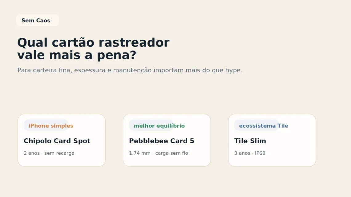 Capa do post do Sem Caos comparando Chipolo Card Spot, Pebblebee Card 5 e Tile Slim.