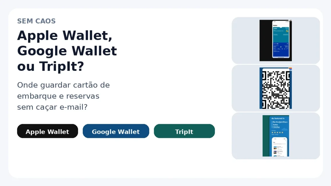 Card do Sem Caos comparando Apple Wallet, Google Wallet e TripIt para guardar cartão de embarque e reservas.