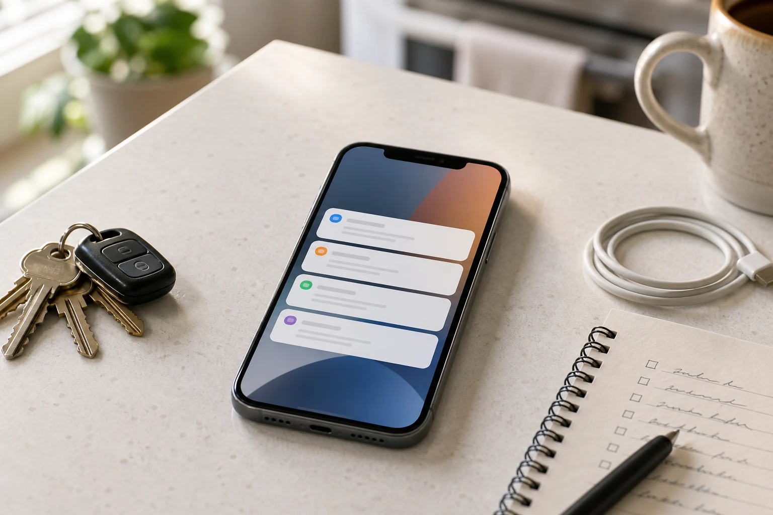 Celular com notificações de lembretes recorrentes sobre uma bancada da casa.