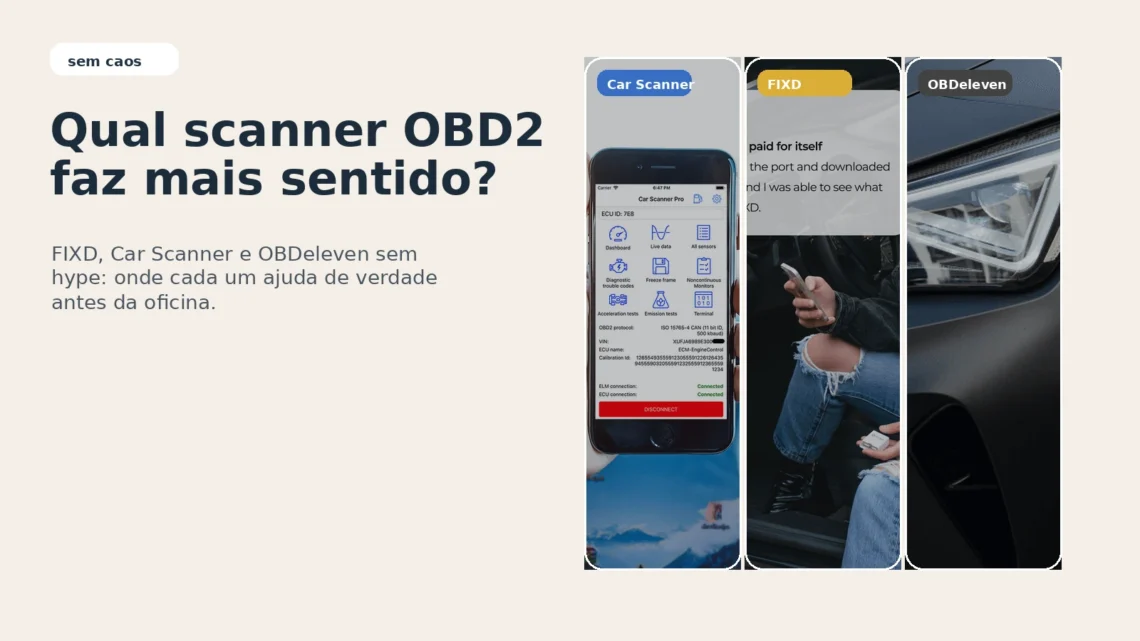 Card do Sem Caos comparando FIXD, Car Scanner e OBDeleven para entender melhor o carro antes de ir à oficina.