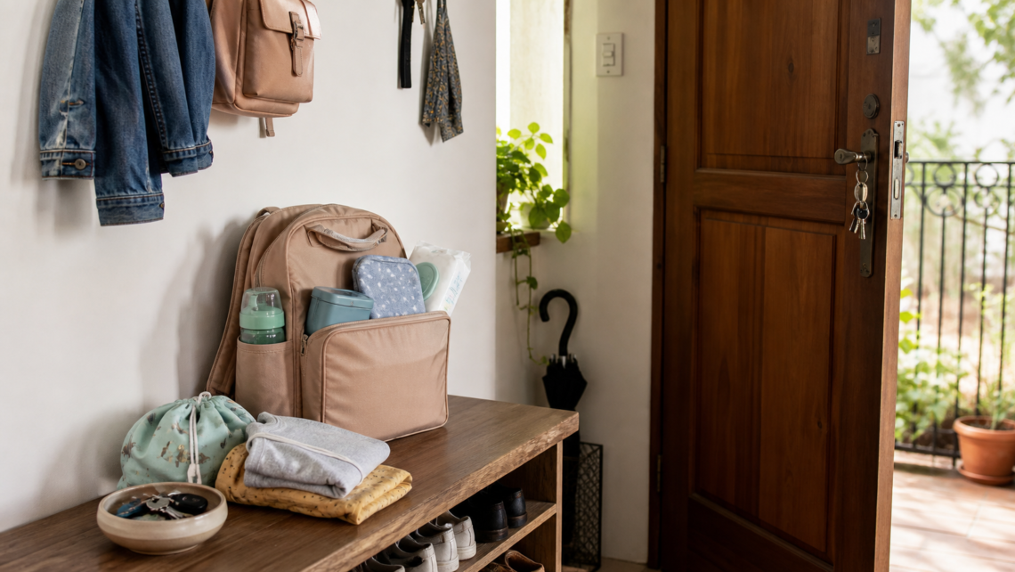 Bolsa infantil pronta perto da porta com itens básicos para sair de casa com criança sem esquecer o essencial.
