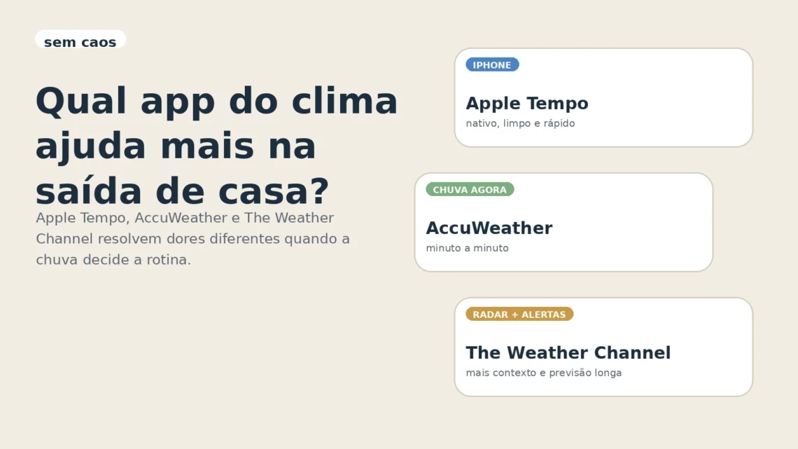 Comparativo visual entre Apple Tempo, AccuWeather e The Weather Channel.