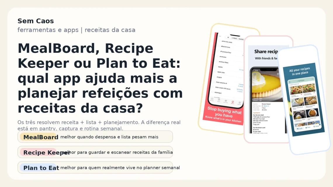 Capa do post do Sem Caos comparando MealBoard, Recipe Keeper e Plan to Eat.