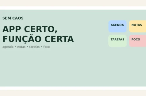 Capa do Sem Caos com o texto App certo, função certa e quatro blocos representando agenda, notas, tarefas e foco.