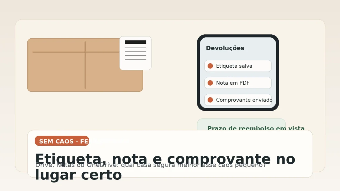 Capa do Sem Caos sobre onde guardar etiqueta, nota e comprovante de devolução sem perder prazo.