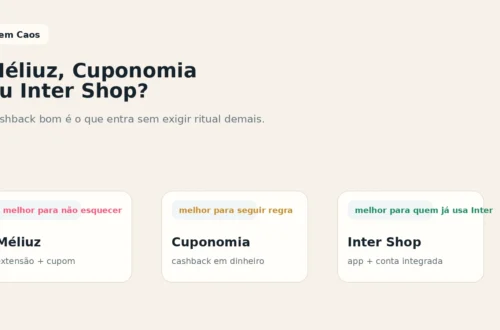 Capa do Sem Caos comparando Méliuz, Cuponomia e Inter Shop para economizar em compras online da casa.