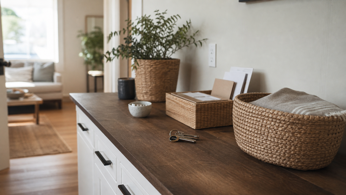 Aparador de casa com cestos e objetos essenciais organizados de forma simples e funcional.