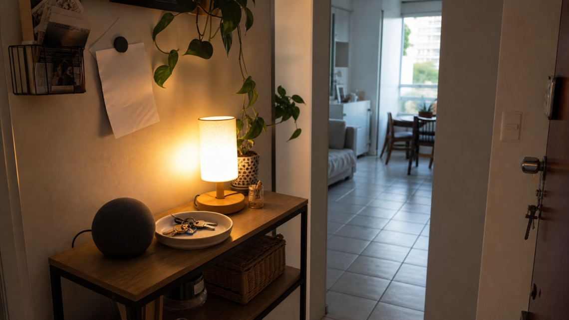 Entrada de casa com lâmpada, prateleira e assistente de voz em uma cena de automação doméstica simples.