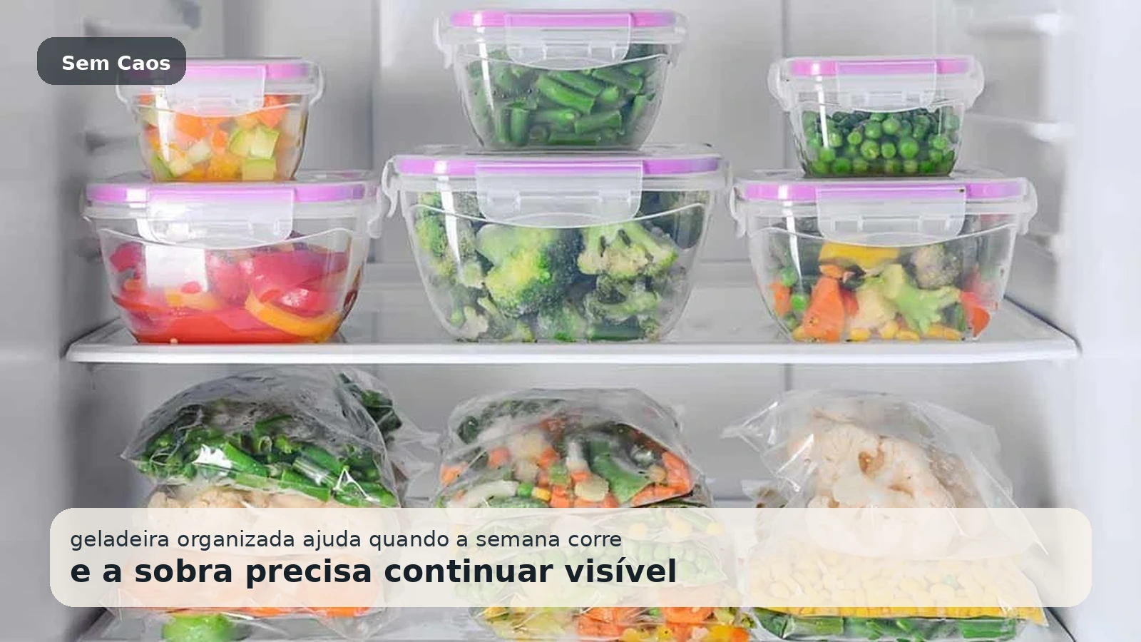 Geladeira organizada com potes transparentes rasos, próprios para guardar sobras da semana sem desperdício.