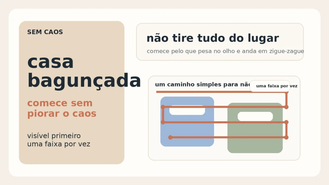 Card editorial do Sem Caos sobre por onde começar quando a casa está bagunçada sem tirar tudo do lugar e piorar o caos.