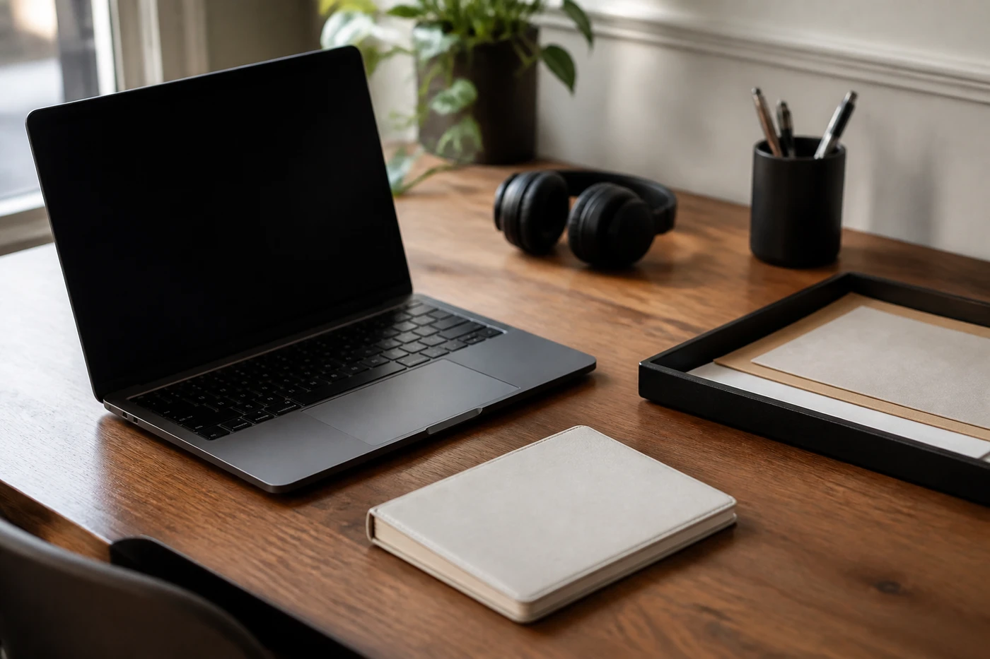 Mesa de trabalho em casa com laptop, bloco, bandeja para papéis, fones e poucos objetos visíveis.
