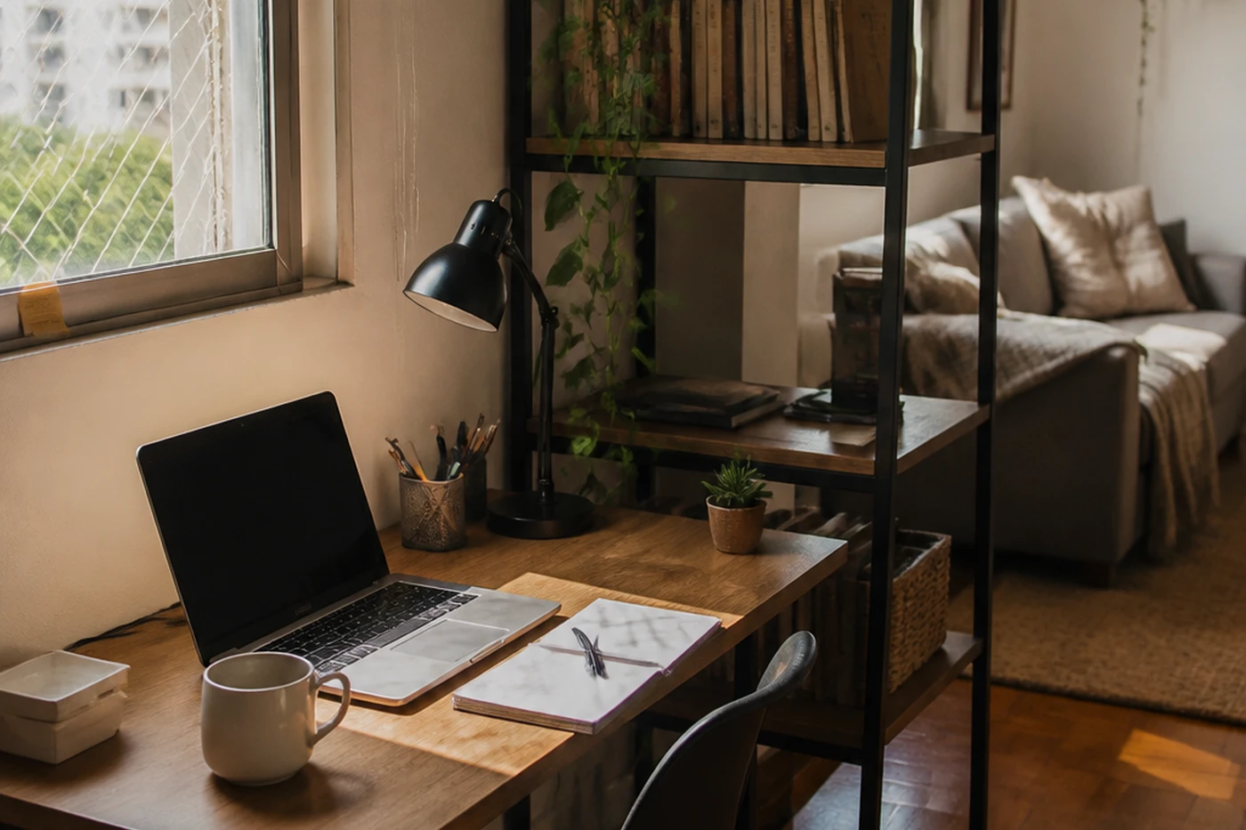 Pequeno home office integrado à sala com uma estante e plantas marcando a separação entre trabalho e casa.