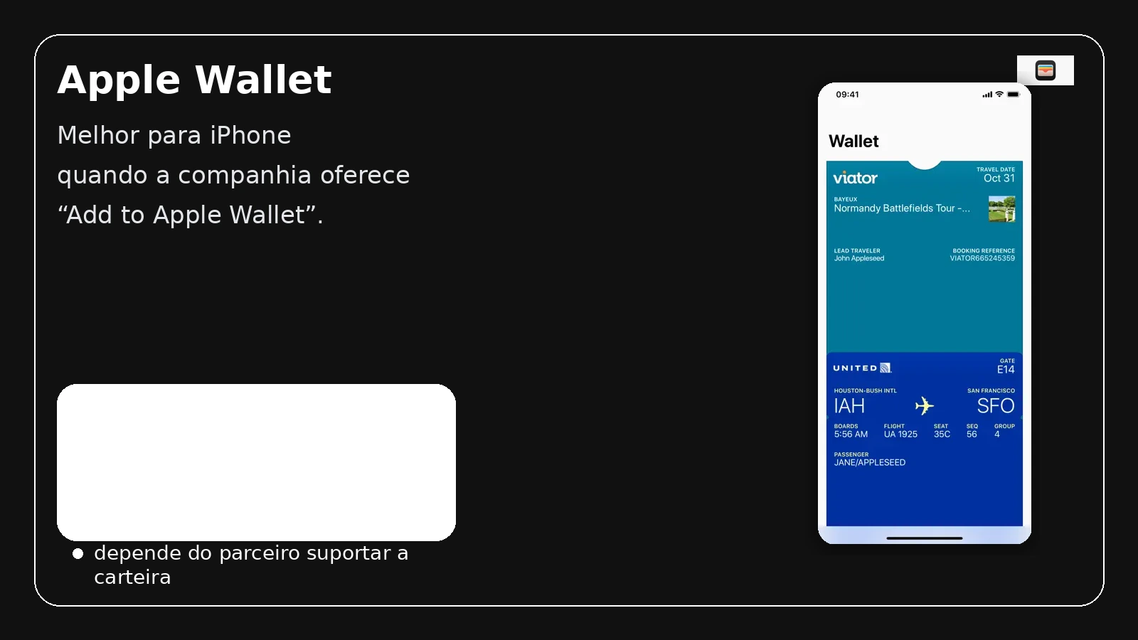 Imagem comparativa destacando o Apple Wallet para guardar cartão de embarque e ingressos no iPhone.