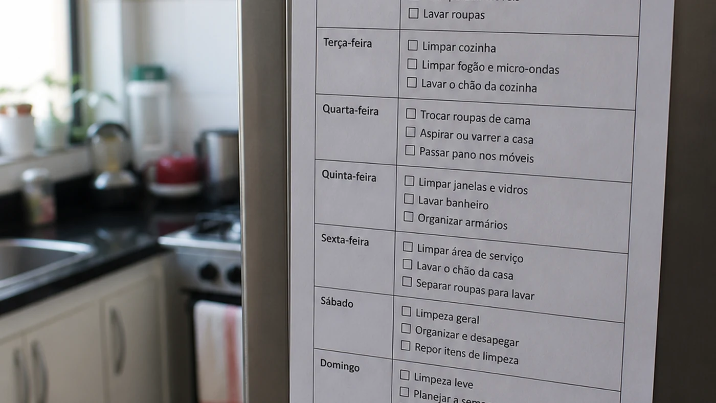 Checklist semanal de limpeza presa na geladeira em uma cozinha real e funcional.