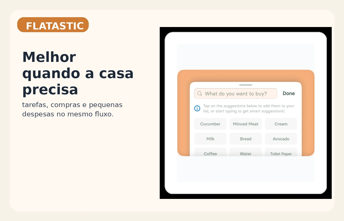 Tela do Flatastic destacando lista de compras e organização da casa compartilhada.