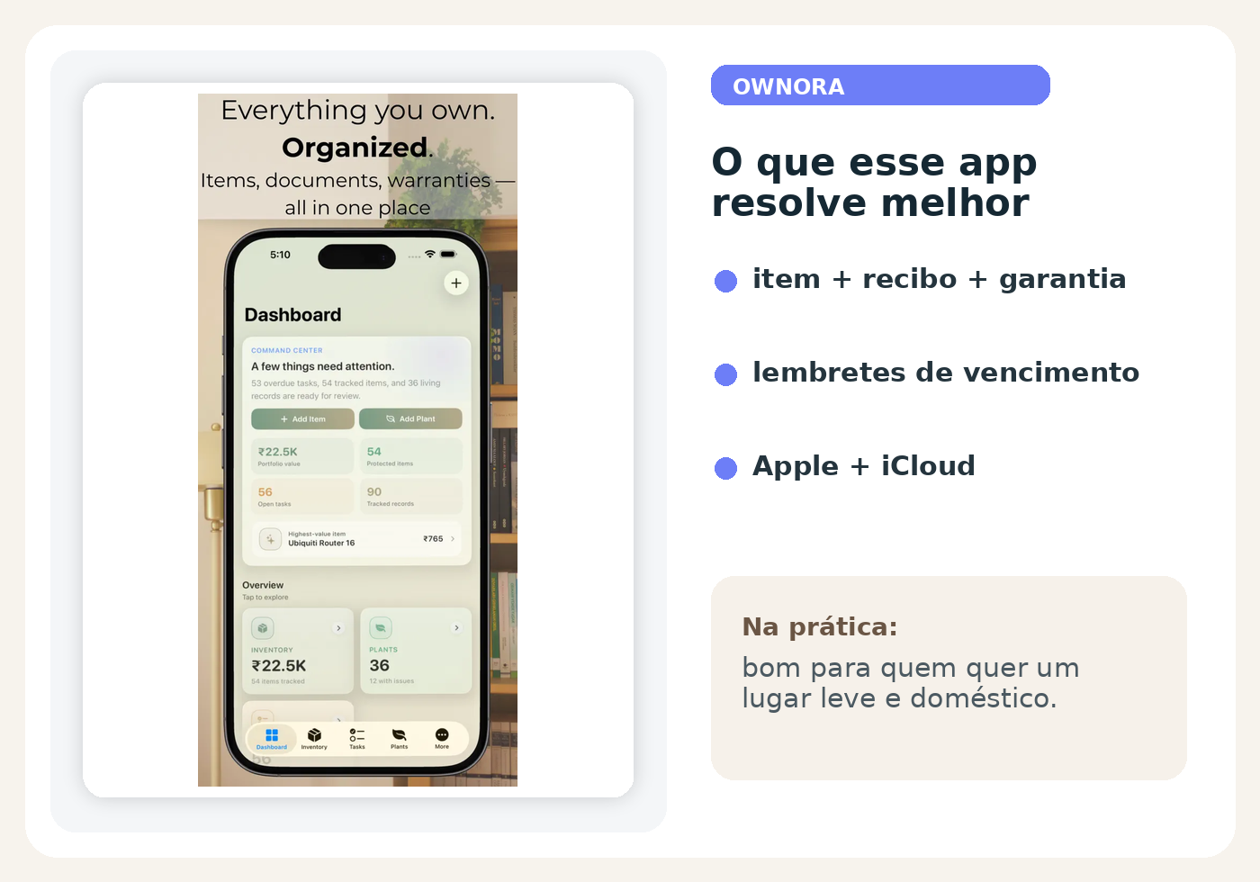 Tela oficial do Ownora mostrando itens, documentos e organização doméstica no app.