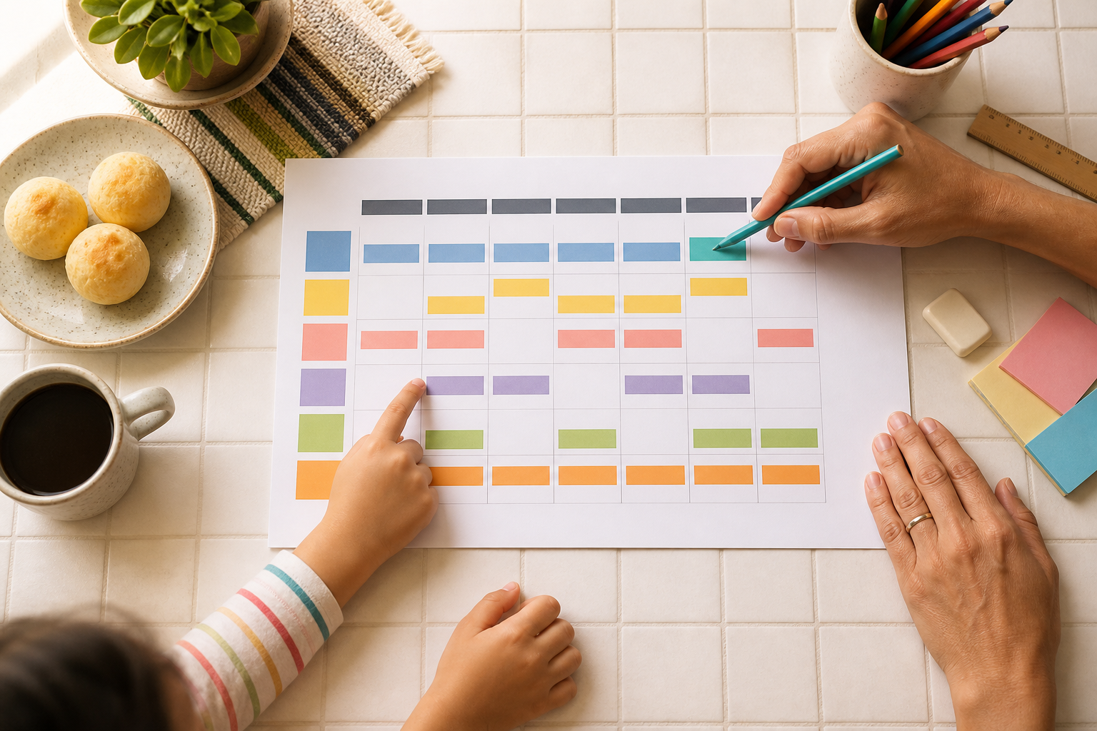 Planejamento semanal com blocos de escola, atividade, descanso e jantar