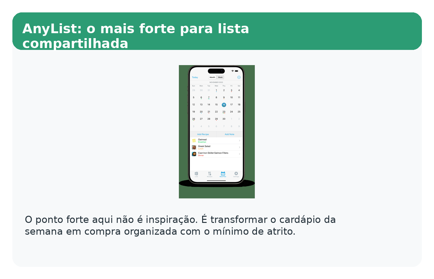 Painel editorial do AnyList mostrando o foco em lista compartilhada, calendário e compra da semana.