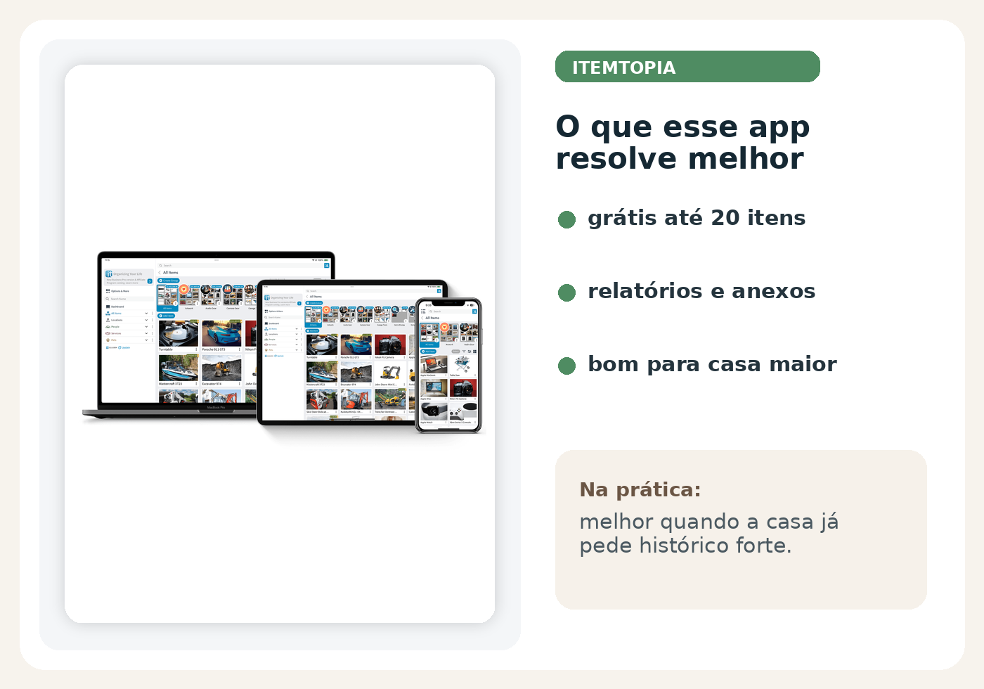 Tela oficial do Itemtopia mostrando inventário doméstico com itens, grupos e documentos.