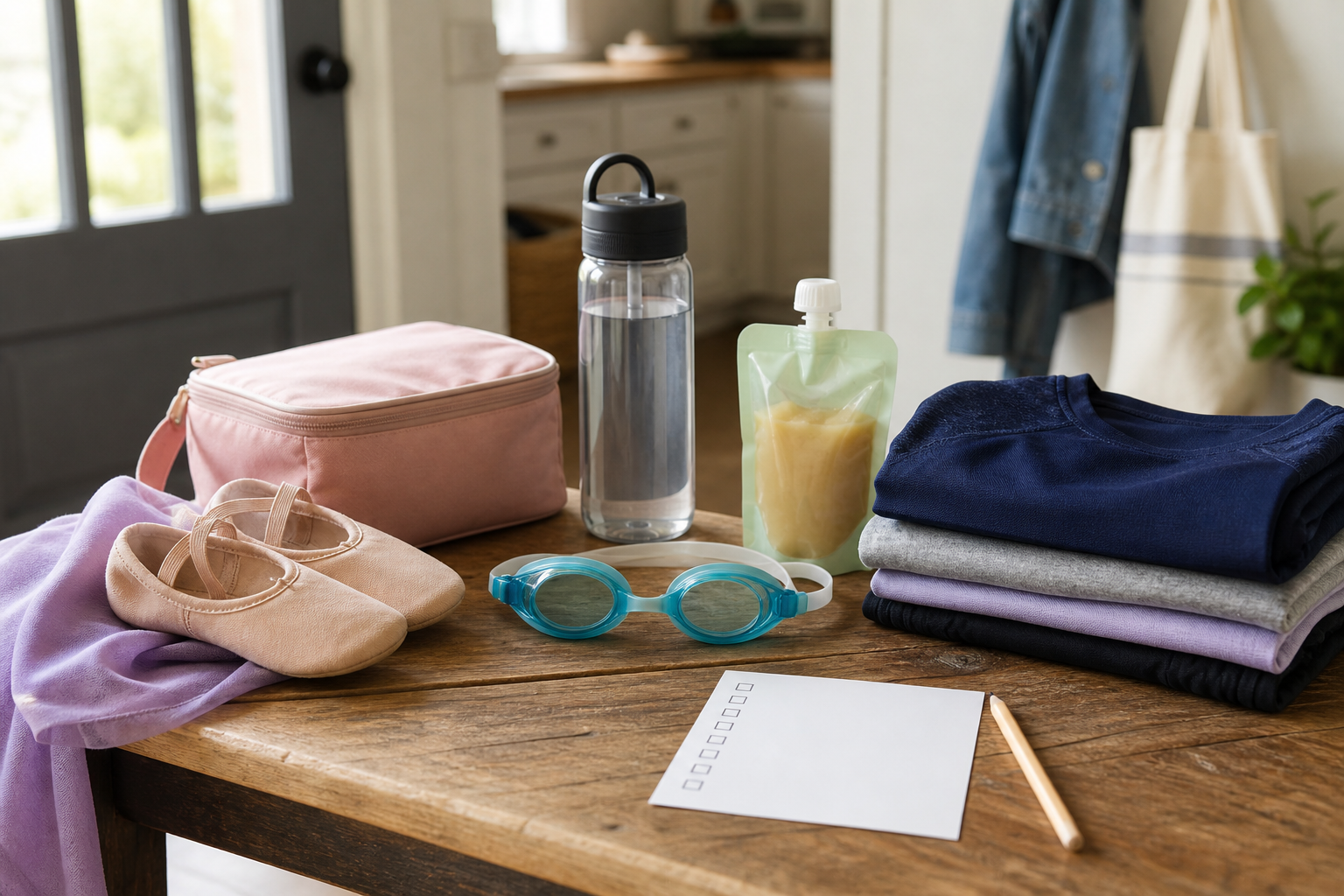 Kit pronto para atividade extracurricular com garrafa, snack e troca de roupa