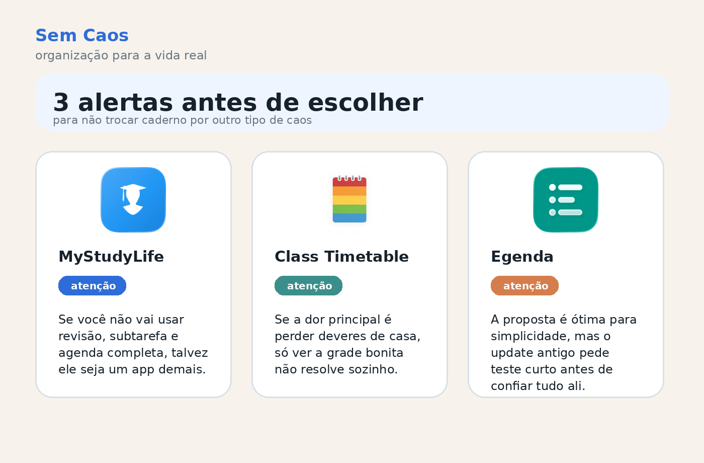 Três alertas antes de escolher MyStudyLife, Class Timetable ou Egenda.