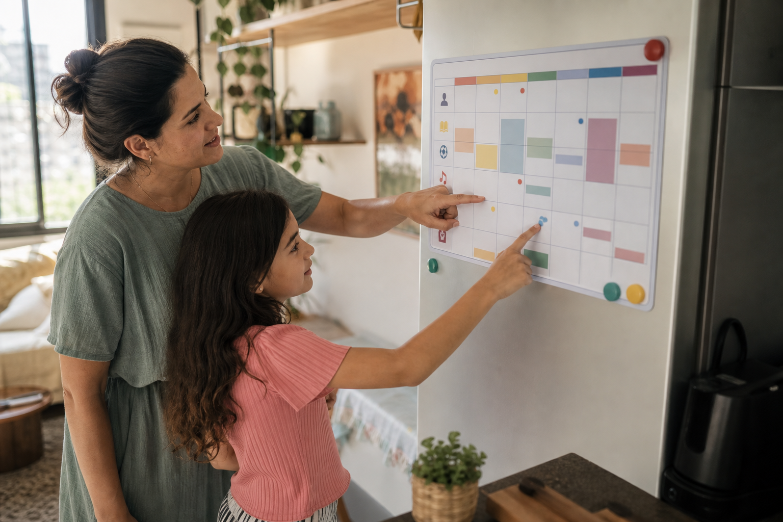 Calendário da família na parede com blocos coloridos e planejamento conjunto