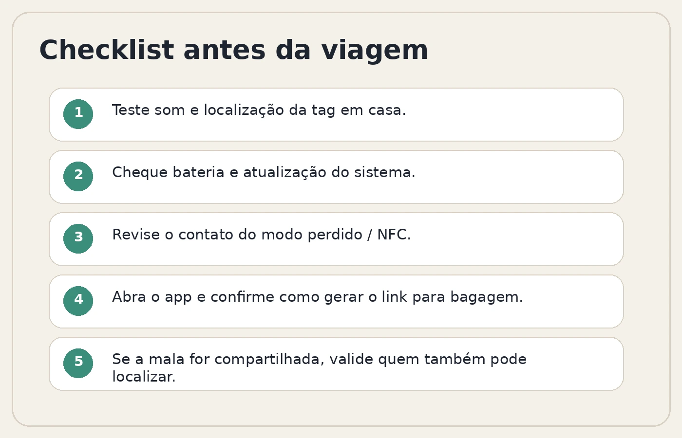 Checklist rápido antes de viajar com tag de rastreamento na mala ou mochila.