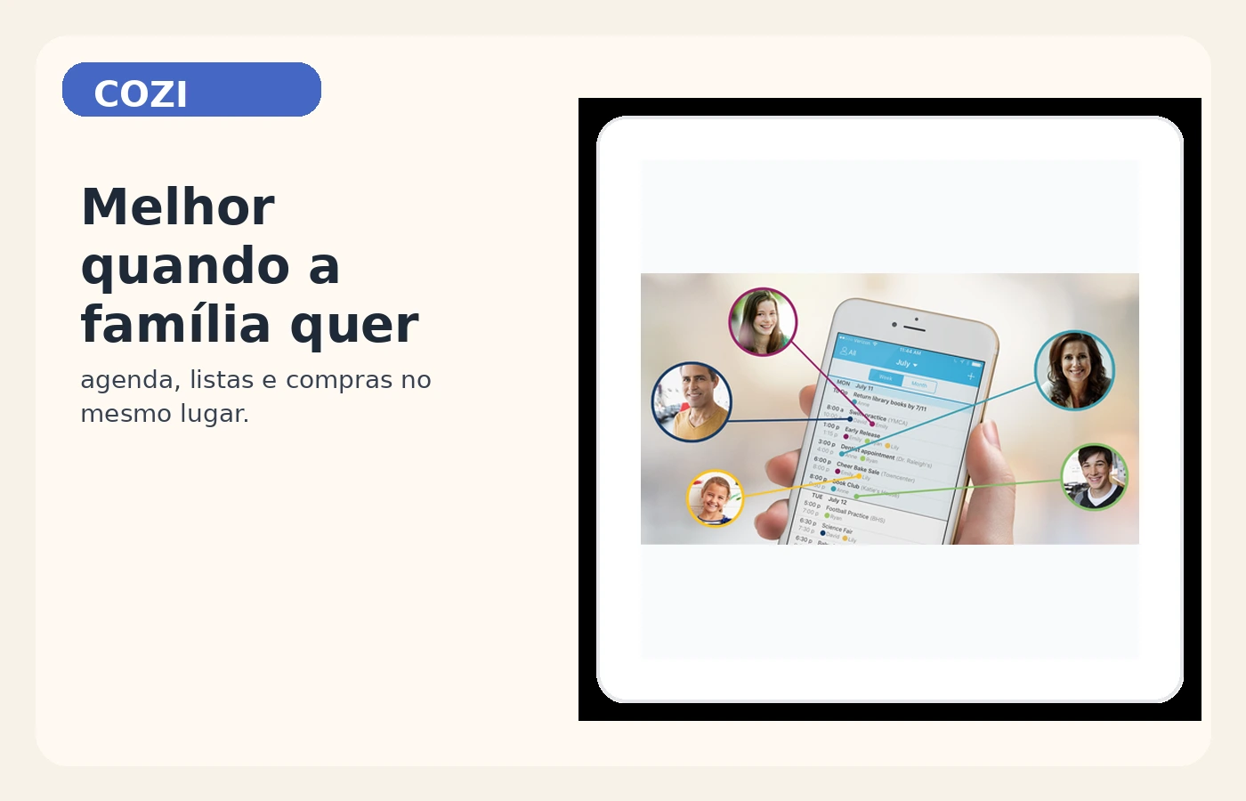 Tela do Cozi com listas compartilhadas e visão geral da rotina da família.
