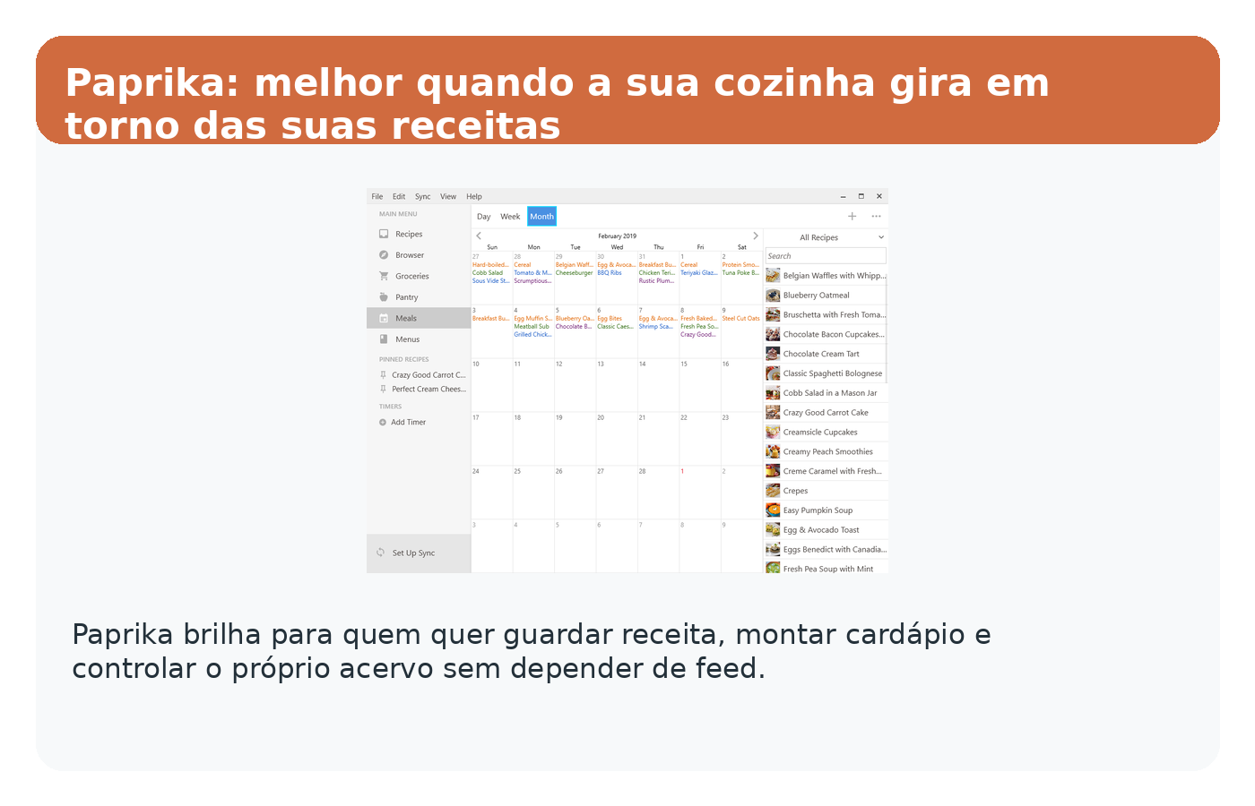 Painel editorial do Paprika mostrando foco em acervo de receitas, organização e uso com repertório próprio.
