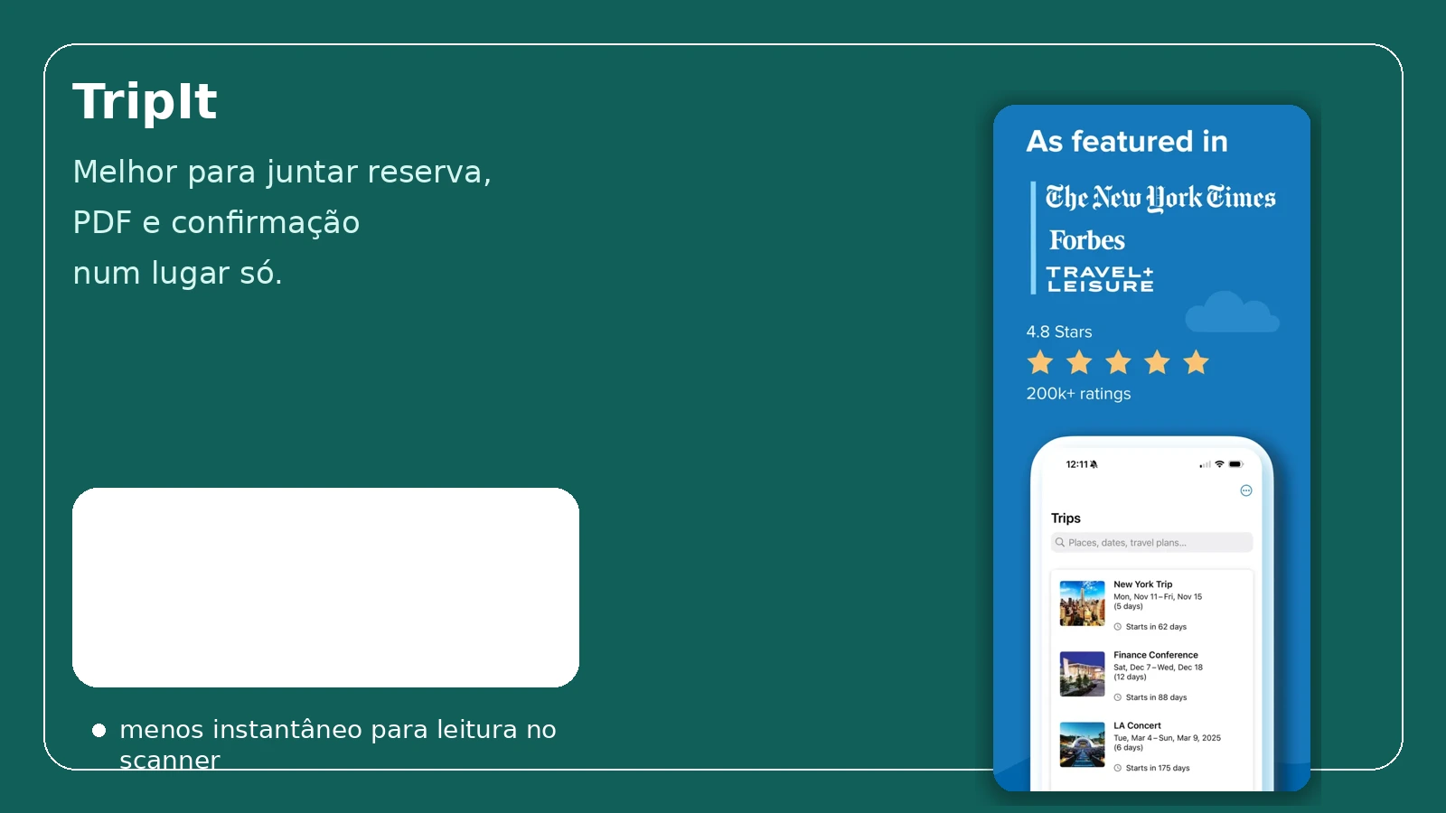 Imagem comparativa destacando o TripIt para centralizar reservas, PDFs e confirmações de viagem.