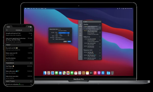 Tela oficial do Due mostrando lembretes e timers em iPhone e Mac.