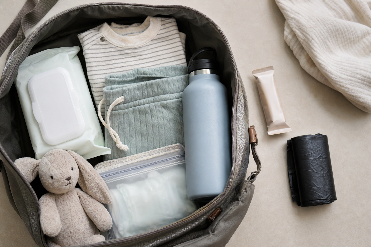 Bolsa infantil aberta com kit-base de saída: água, lanche, troca de roupa e itens de higiene.
