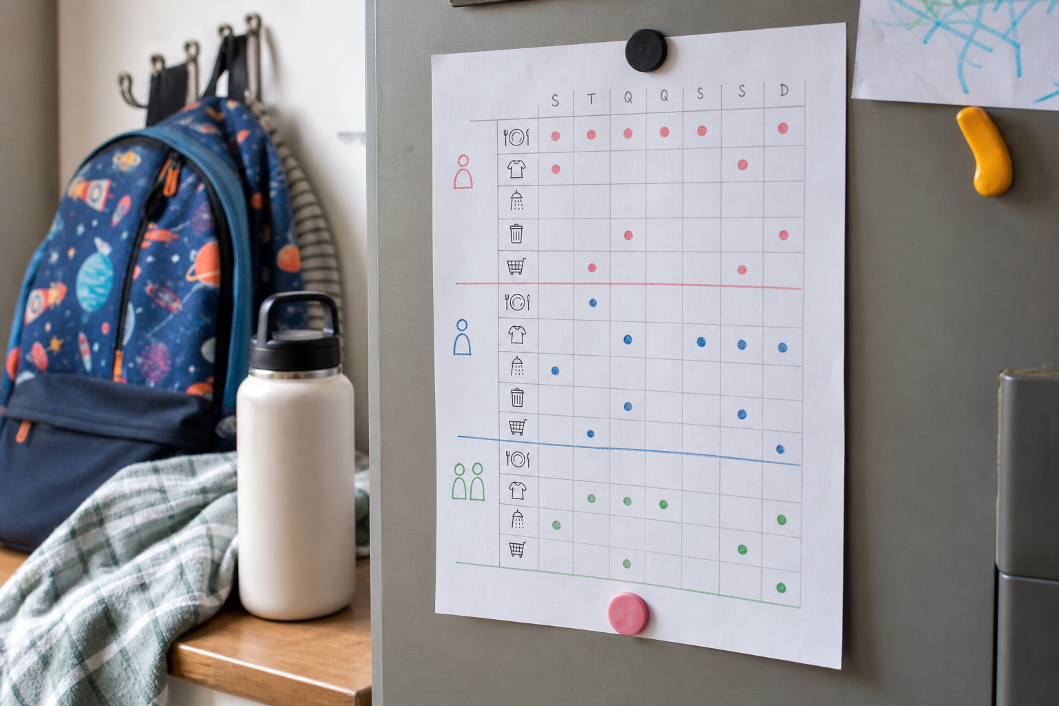 Geladeira ou quadro de casa com plano semanal simples dividindo tarefas por frequência e responsável.