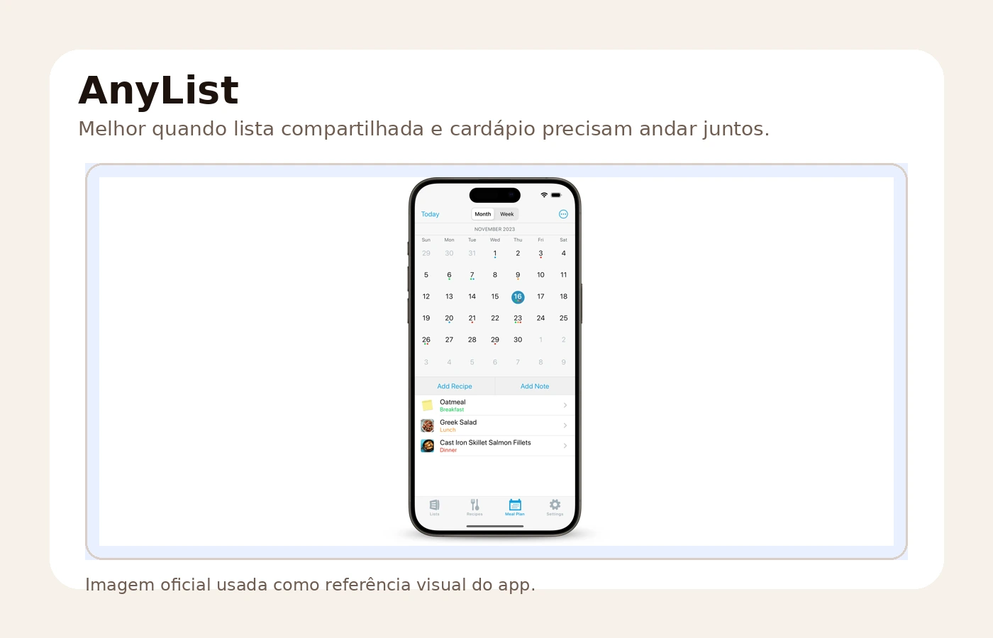 Tela oficial do AnyList mostrando calendário de planejamento de refeições e receitas.