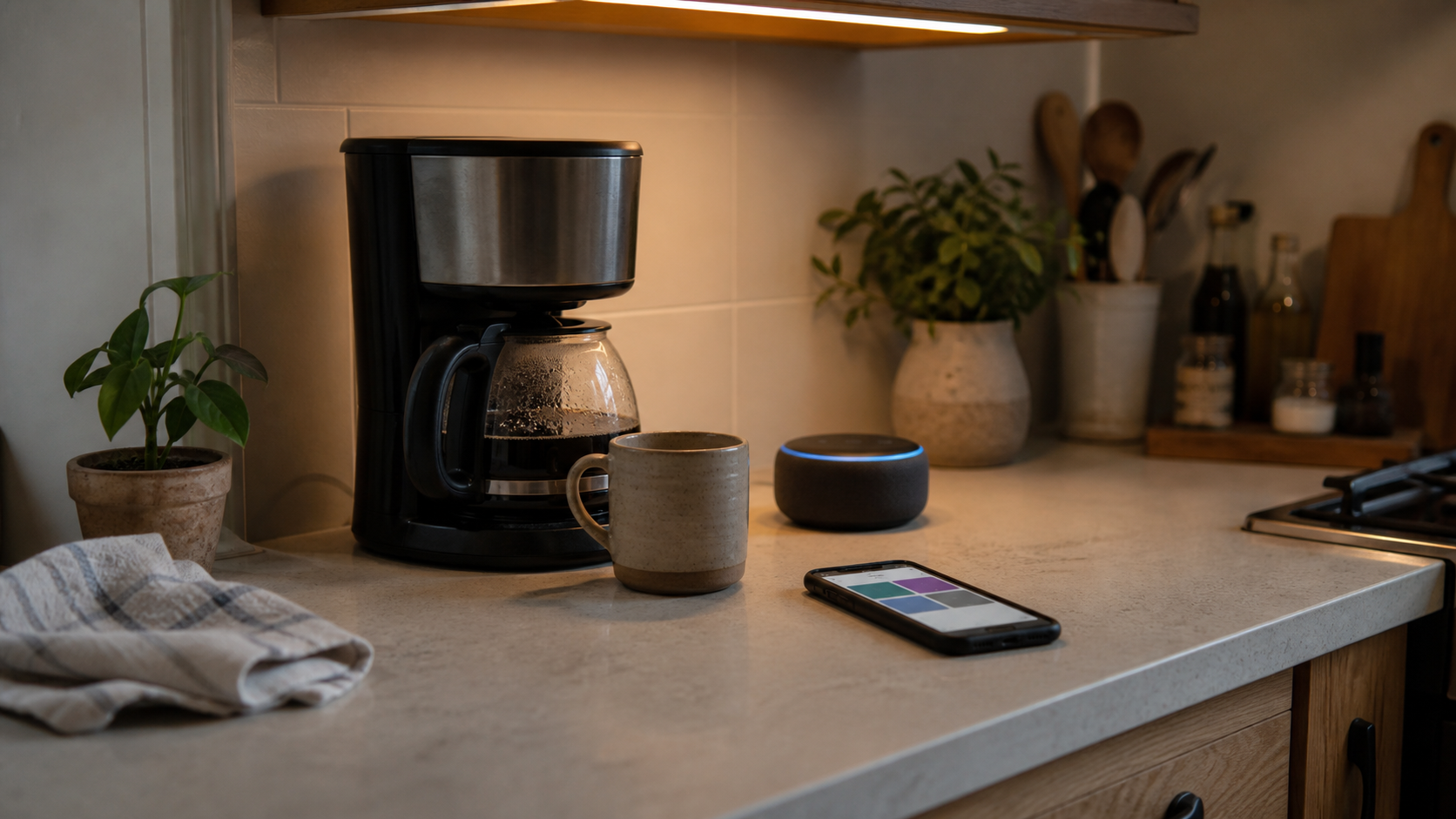 Cozinha com cafeteira, luz e assistente de voz em uma rotina simples de começo de dia.