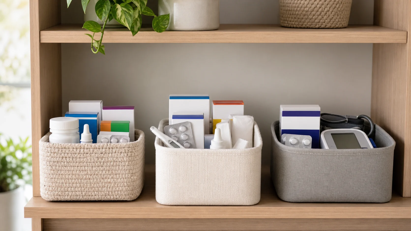 Prateleira com três zonas simples para organizar remédios de uso diário, febre e dor, e primeiros socorros.