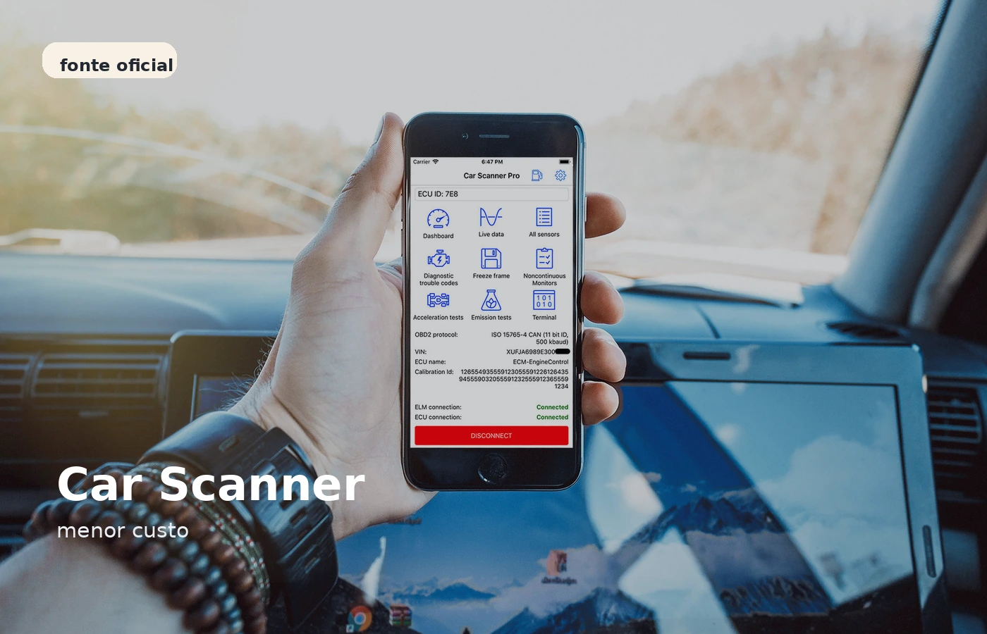 Tela oficial do Car Scanner mostrando o aplicativo conectado ao painel do carro.