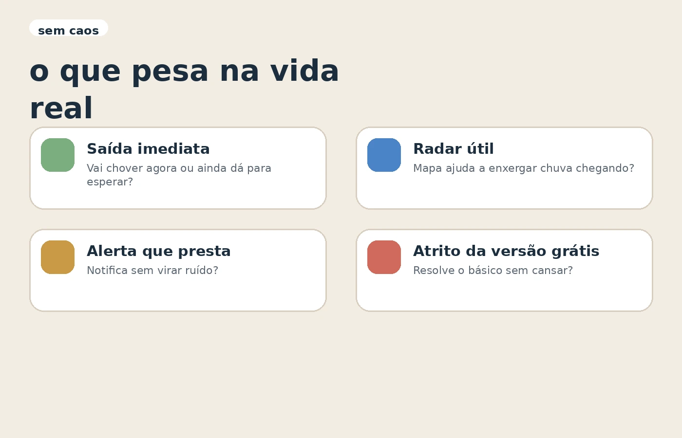 Critérios práticos para escolher um app do clima: saída imediata, radar, alertas e atrito.