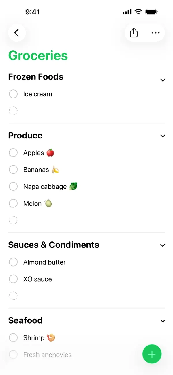 Captura oficial do app Lembretes da Apple mostrando uma lista de compras organizada por seções automáticas.