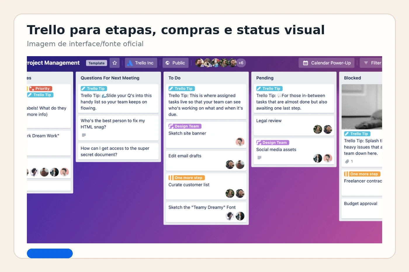 Exemplo visual de quadro do Trello com etapas de um projeto da casa, como planejar, comprar e concluir.