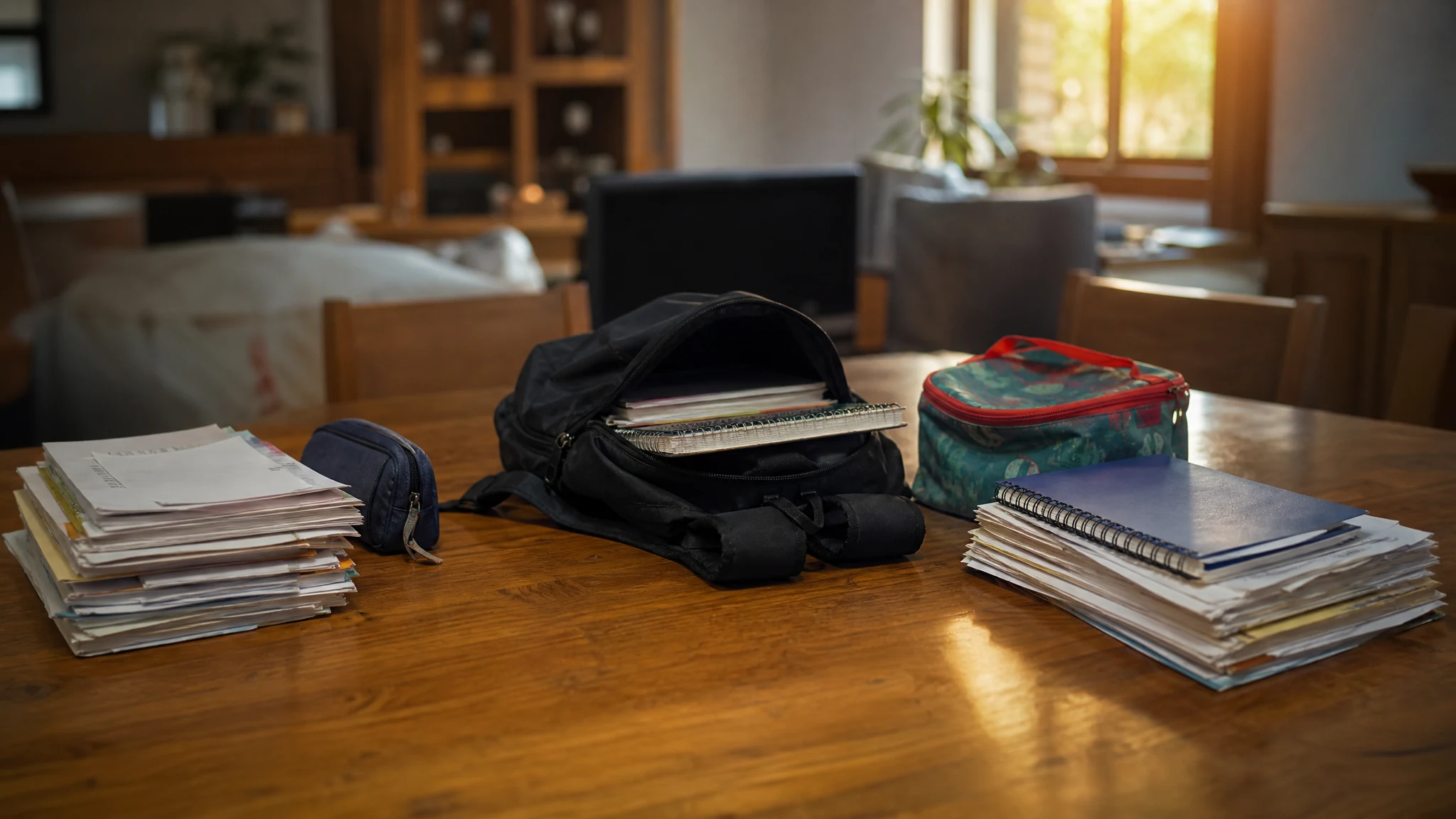 Mesa com mochila aberta, agenda escolar, papéis separados em entrada e saída e lancheira ao lado.