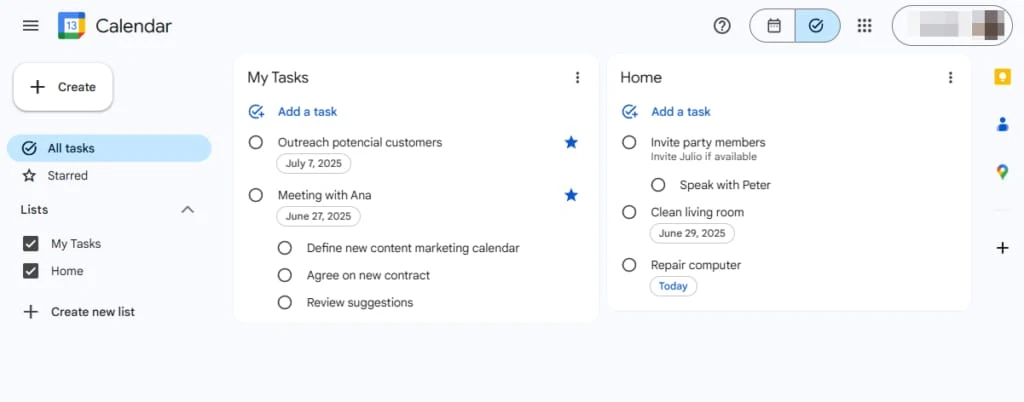 Captura do Google Tasks em desktop, com listas e subtarefas em interface simples.