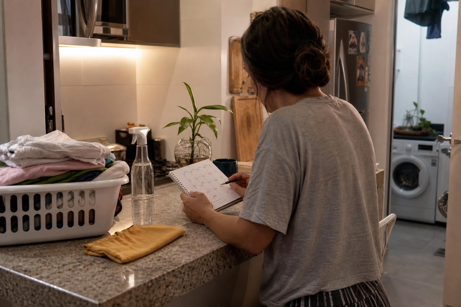 Pessoa revisando um plano semanal doméstico na bancada da cozinha com cesto de roupa e itens do dia a dia por perto.