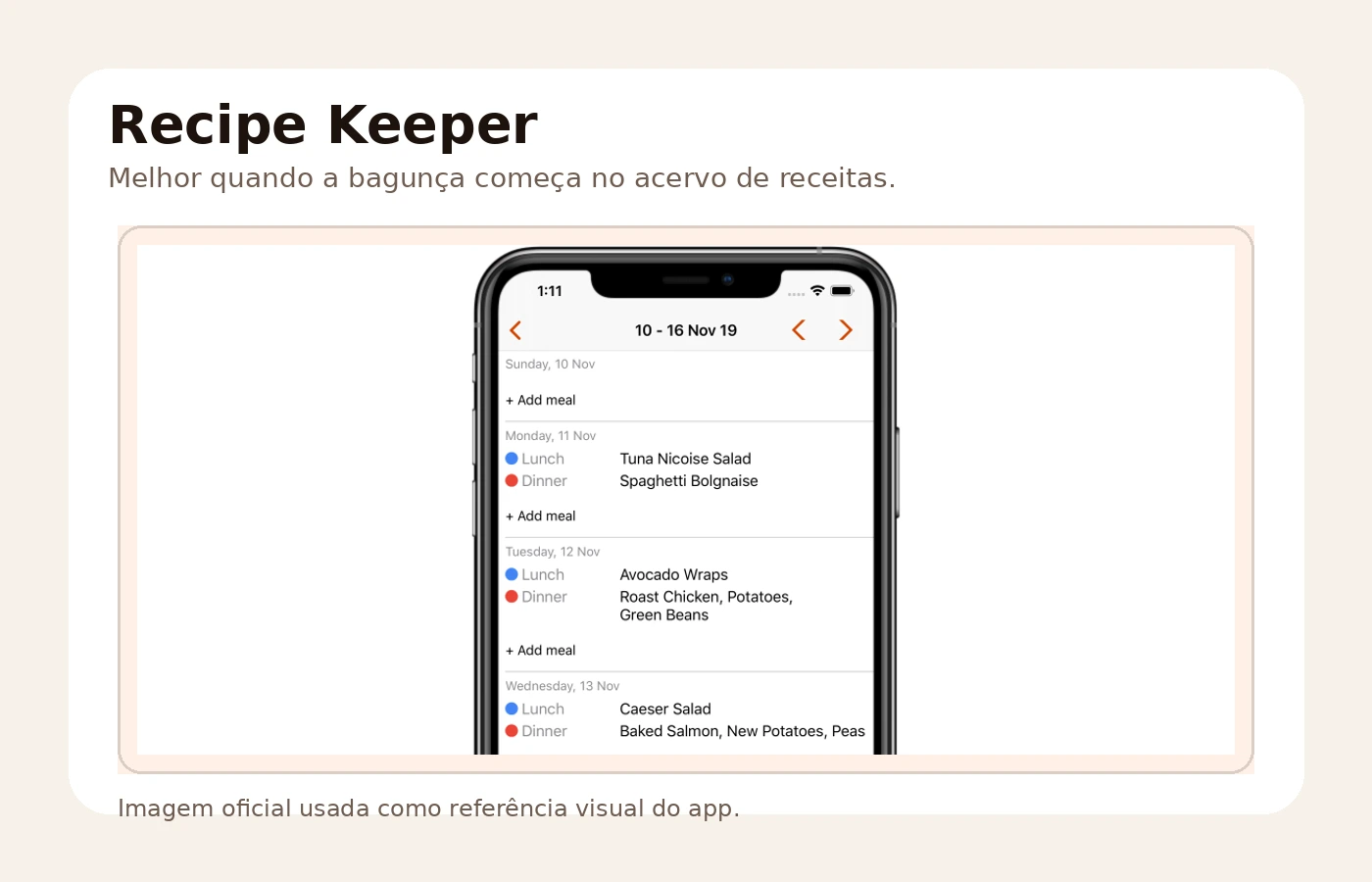 Tela oficial do Recipe Keeper mostrando planejador de refeições semanal.