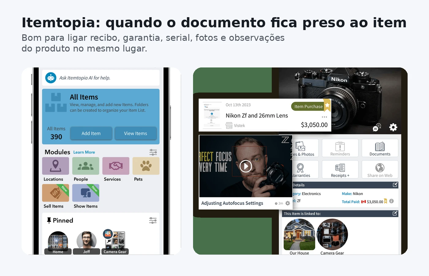 Telas do Itemtopia mostrando inventário com detalhes do item e documentos associados.