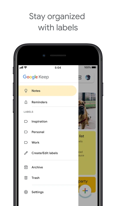 Captura oficial do Google Keep mostrando a navegação com lembretes e etiquetas para organizar notas e listas.