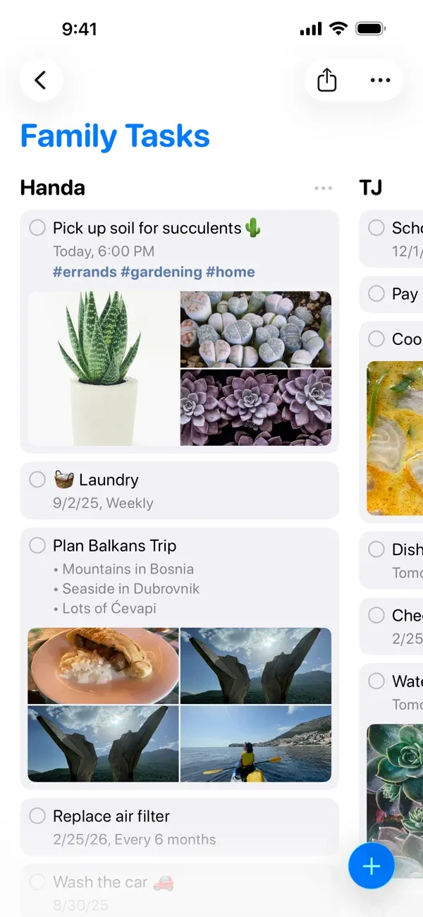 Captura oficial do app Lembretes da Apple mostrando uma lista compartilhada em estilo quadro familiar.