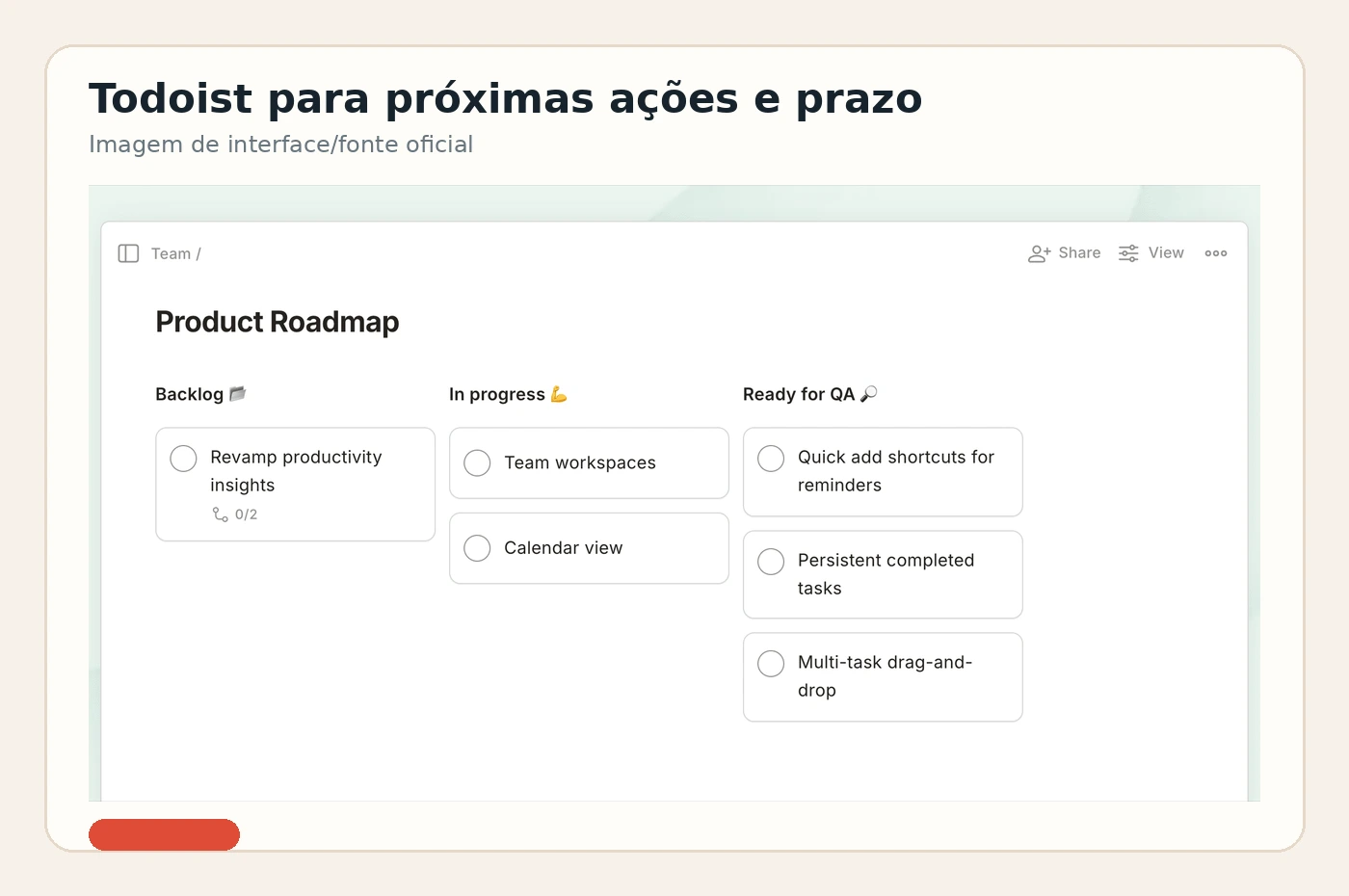 Exemplo visual do Todoist em modo quadro para dividir um projeto da casa em próximas ações e prazos.