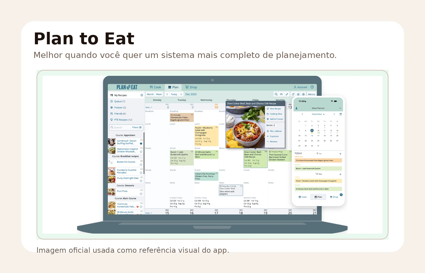 Tela oficial do Plan to Eat mostrando planner de refeições no notebook.